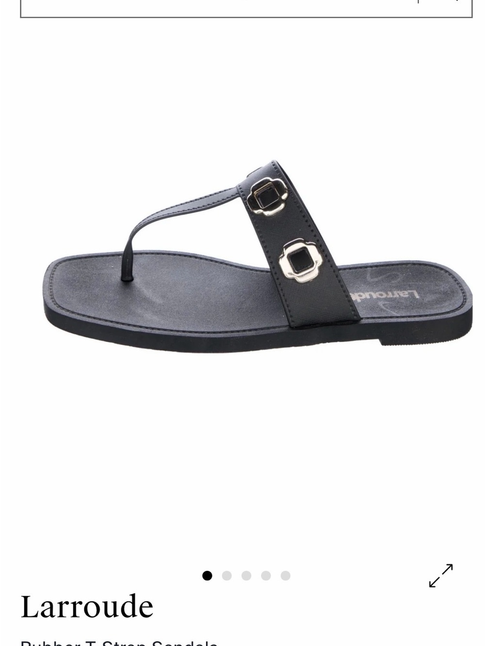 NWOT-  size 8/9 Larroude Black Toe-Post Sandal with Gold Buckle Accents